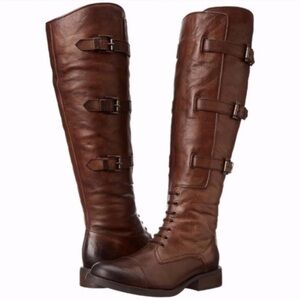 Vince Camuto Fenton Russet Two Tone Brown Leather Knee-High Buckle Riding Boots